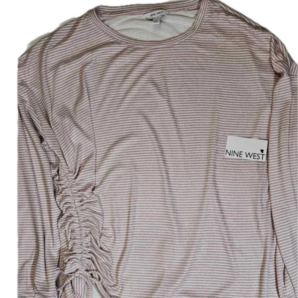 Nine West Shirt Womens XL Pink‎ White Striped Ruched Side Long Sleeve Top Casual